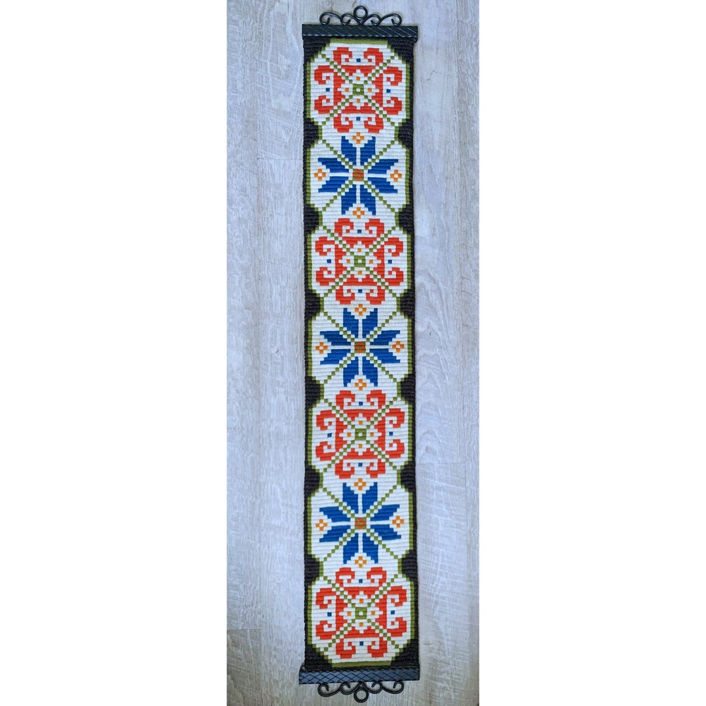 48x8" Folk Art Wall Hanging Scandia Stars Geometric Denmark Hooked Wool Iron Vtg